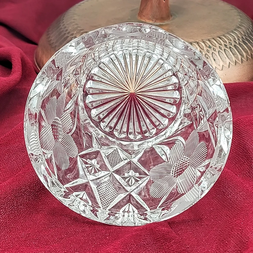 Pressed Crystal Creamer Sugar Bowl Lid Tray Floral Daisy Diamond Pattern Vintage